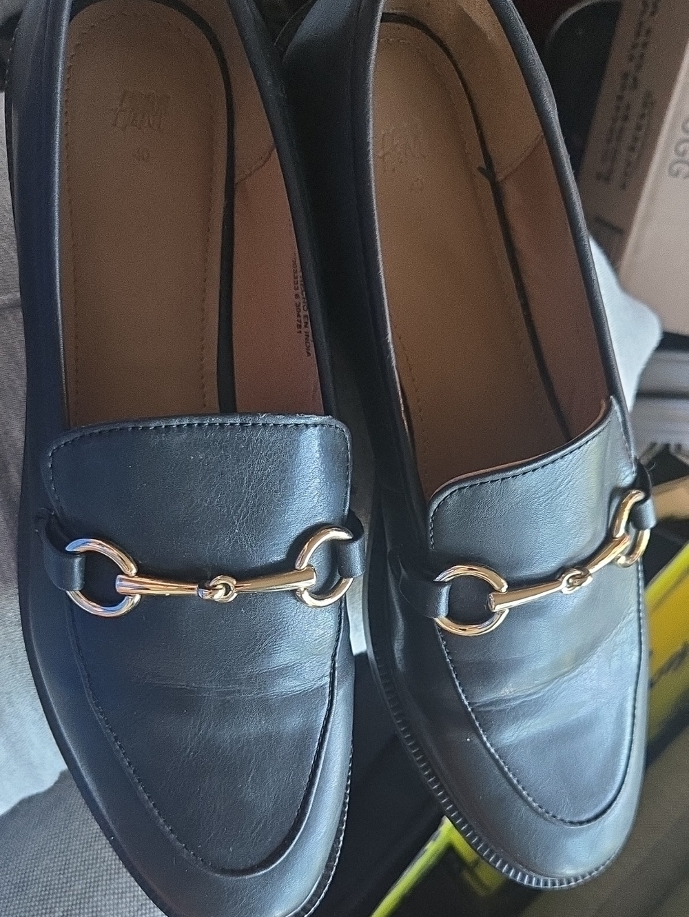 H&M Black Leather Loafers with Gold Bit Hardware